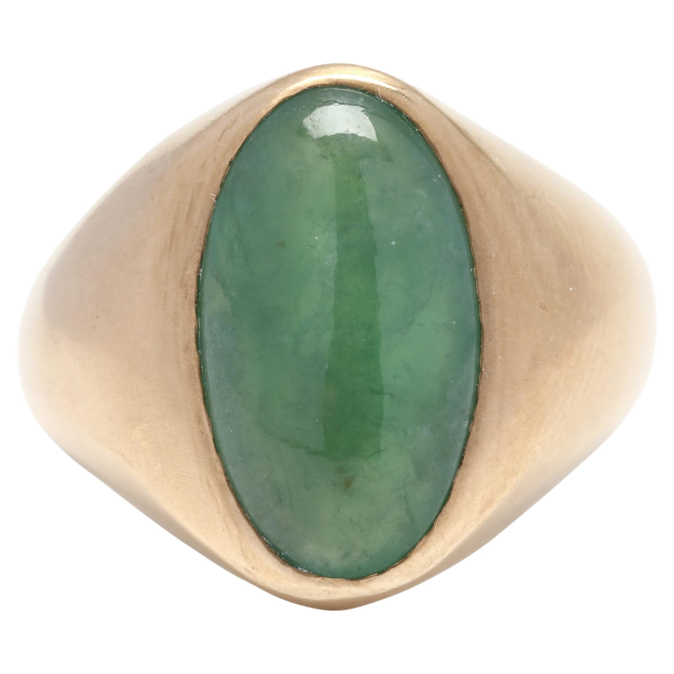 Ovaler Jadeit Jade Siegelring, 14K Gelbgold, Ring Größe 9, Grüner Jade Ring