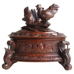 Oval jewelry box carved walnut swiss 19th century Black forest