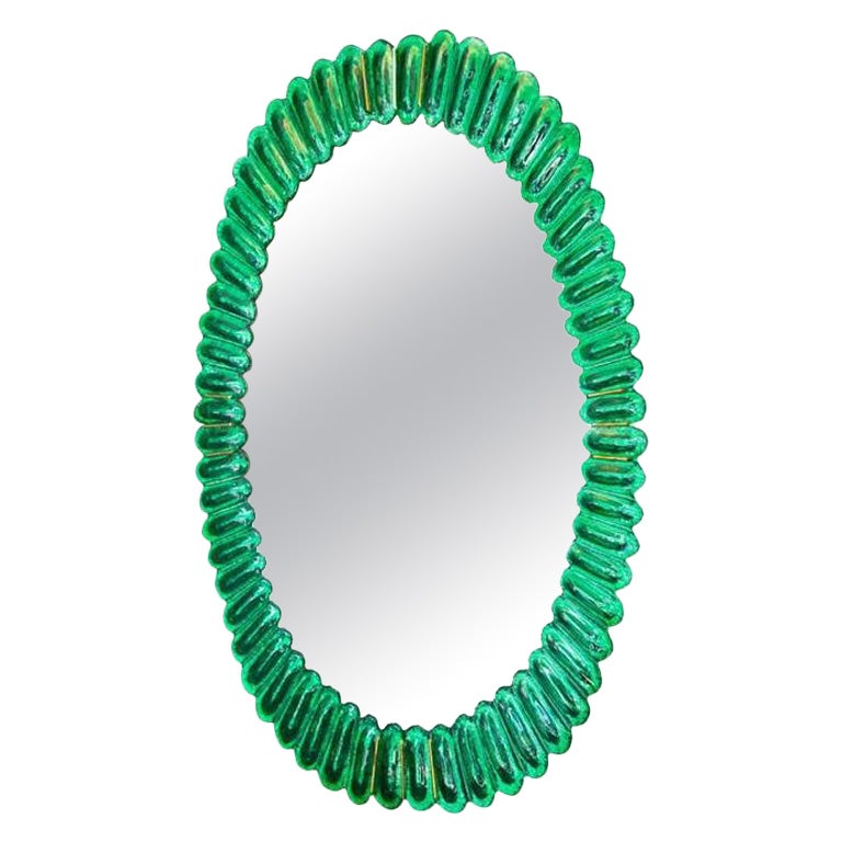 Miroir ovale en verre de Murano vert Kelly, en stock