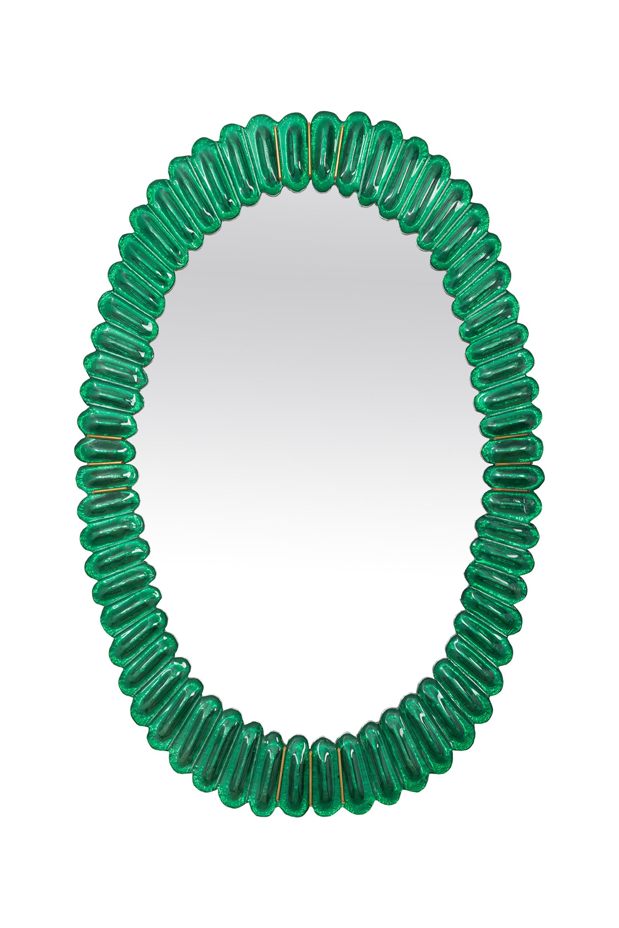 Oval Kelly Green Murano Glass Mirror, in Stock