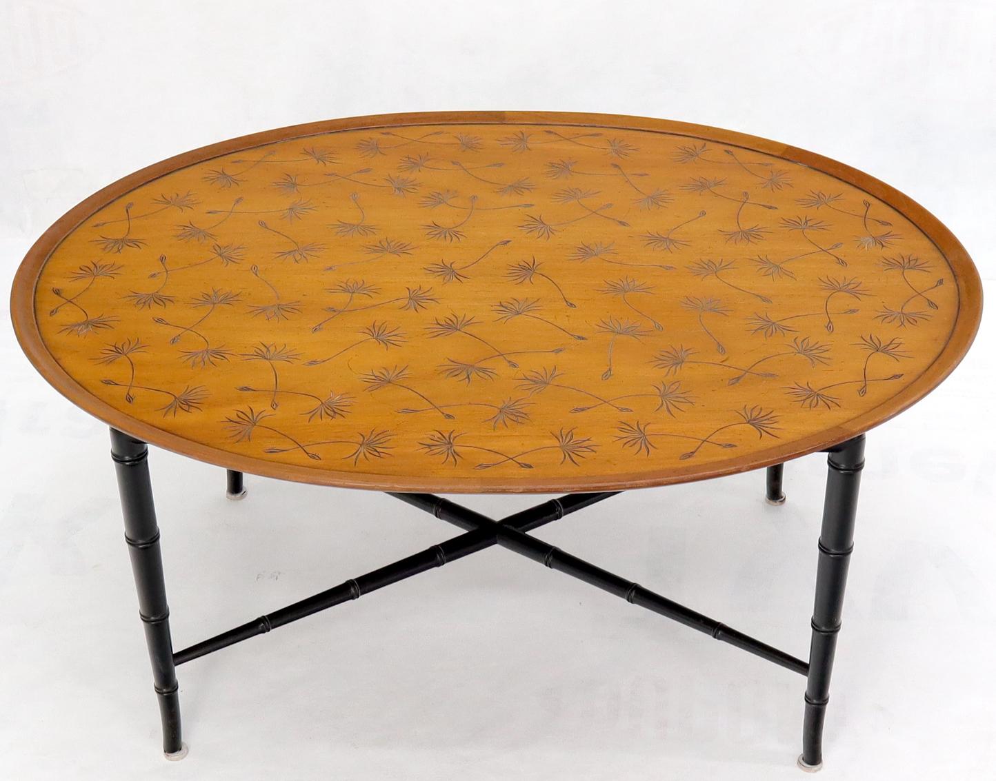Oval Kittinger Coffee Table Faux Bamboo Tapered Legs Incised Leafs Design on Top For Sale 1