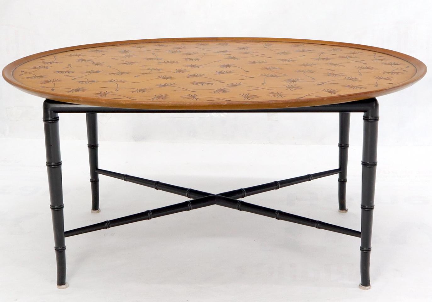 Oval Kittinger Coffee Table Faux Bamboo Tapered Legs Incised Leafs Design on Top For Sale 3
