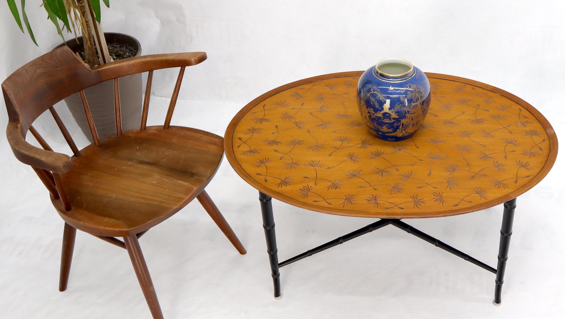 Mid-Century Modern Oval Kittinger Coffee Table Faux Bamboo Tapered Legs Incised Leafs Design on Top For Sale