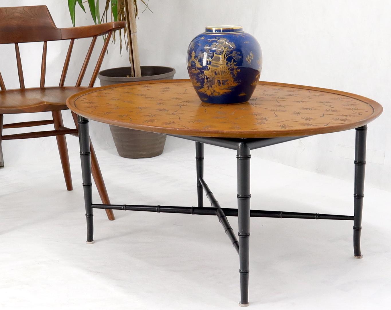20th Century Oval Kittinger Coffee Table Faux Bamboo Tapered Legs Incised Leafs Design on Top For Sale