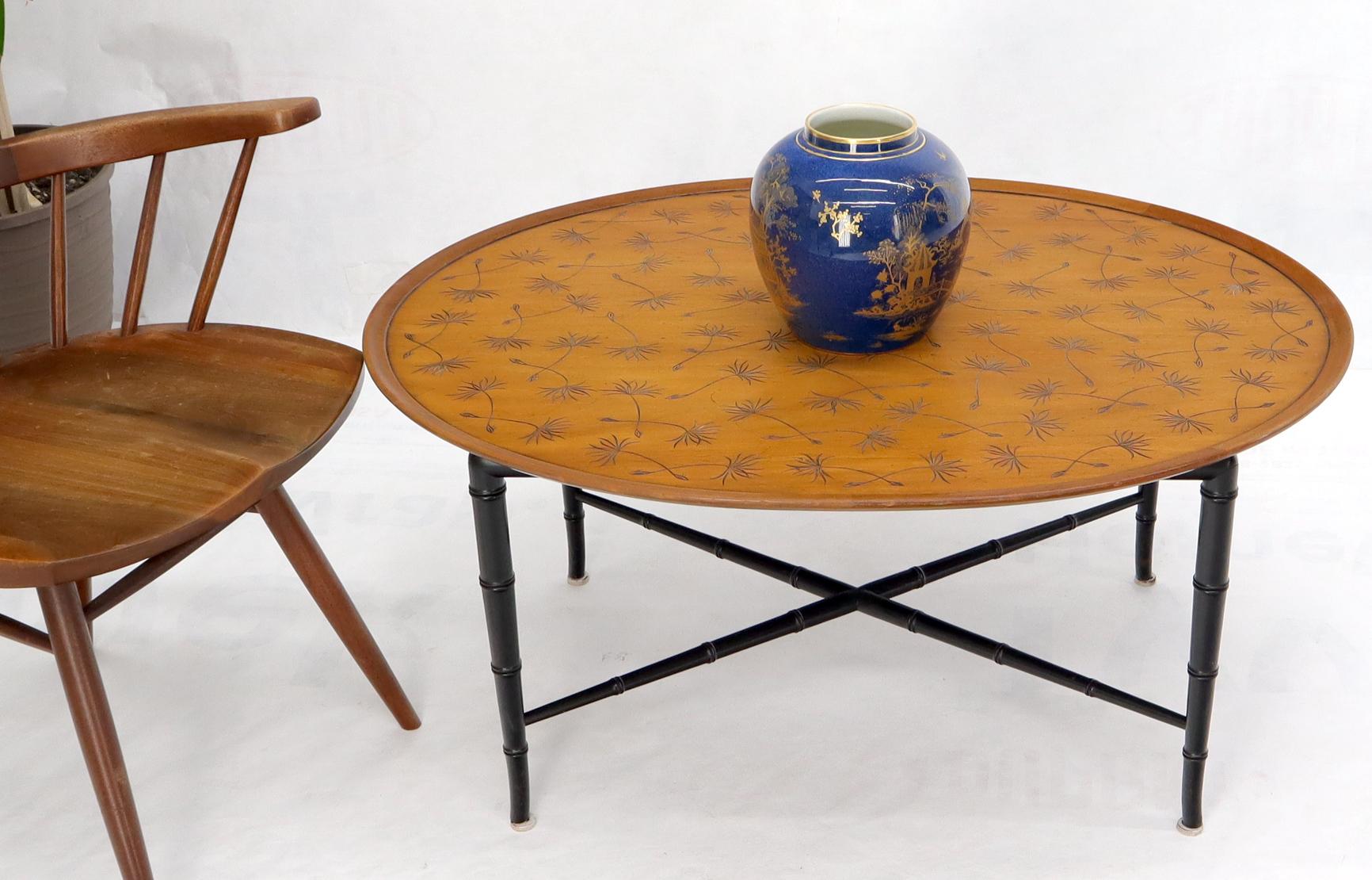 20th Century Oval Kittinger Coffee Table Faux Bamboo Tapered Legs Incised Leafs Design on Top For Sale