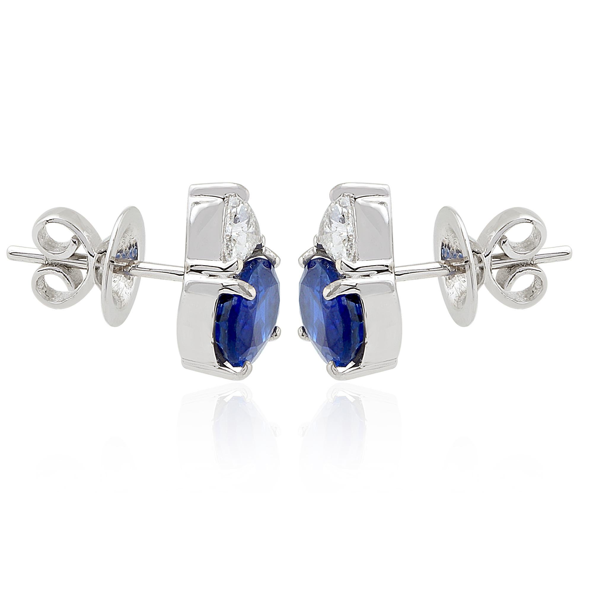 Modern Oval Kyanite Gemstone Stud Earrings Trillion Shape Diamond 18 Karat White Gold For Sale