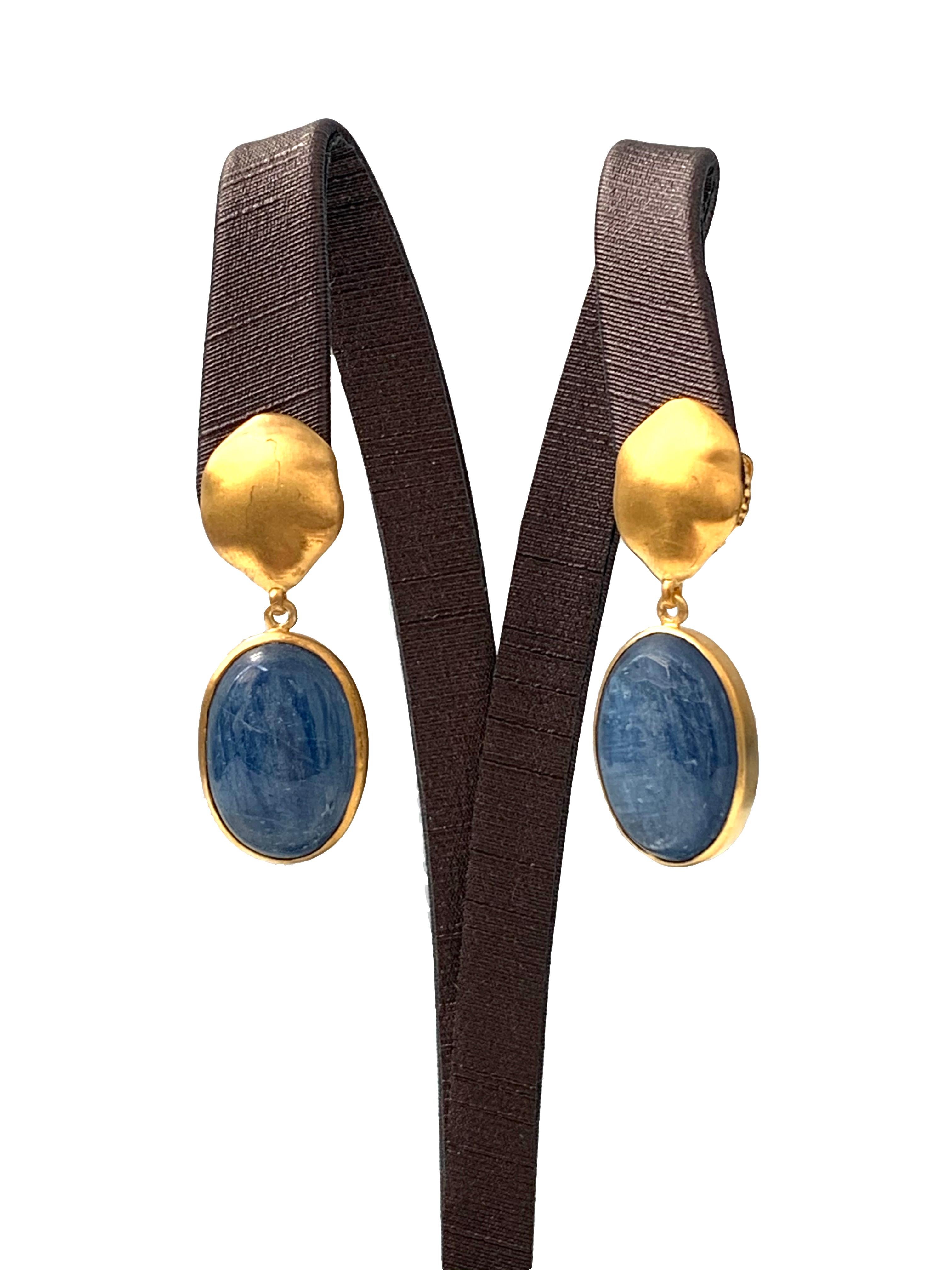 Contemporary Oval Cabochon Kyanite Vermeil Drop Earrings