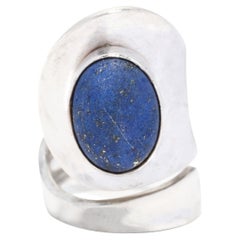 Retro Oval Lapis Large Coil Ring, Sterling Silver, Ring, Silver Spoon Ring