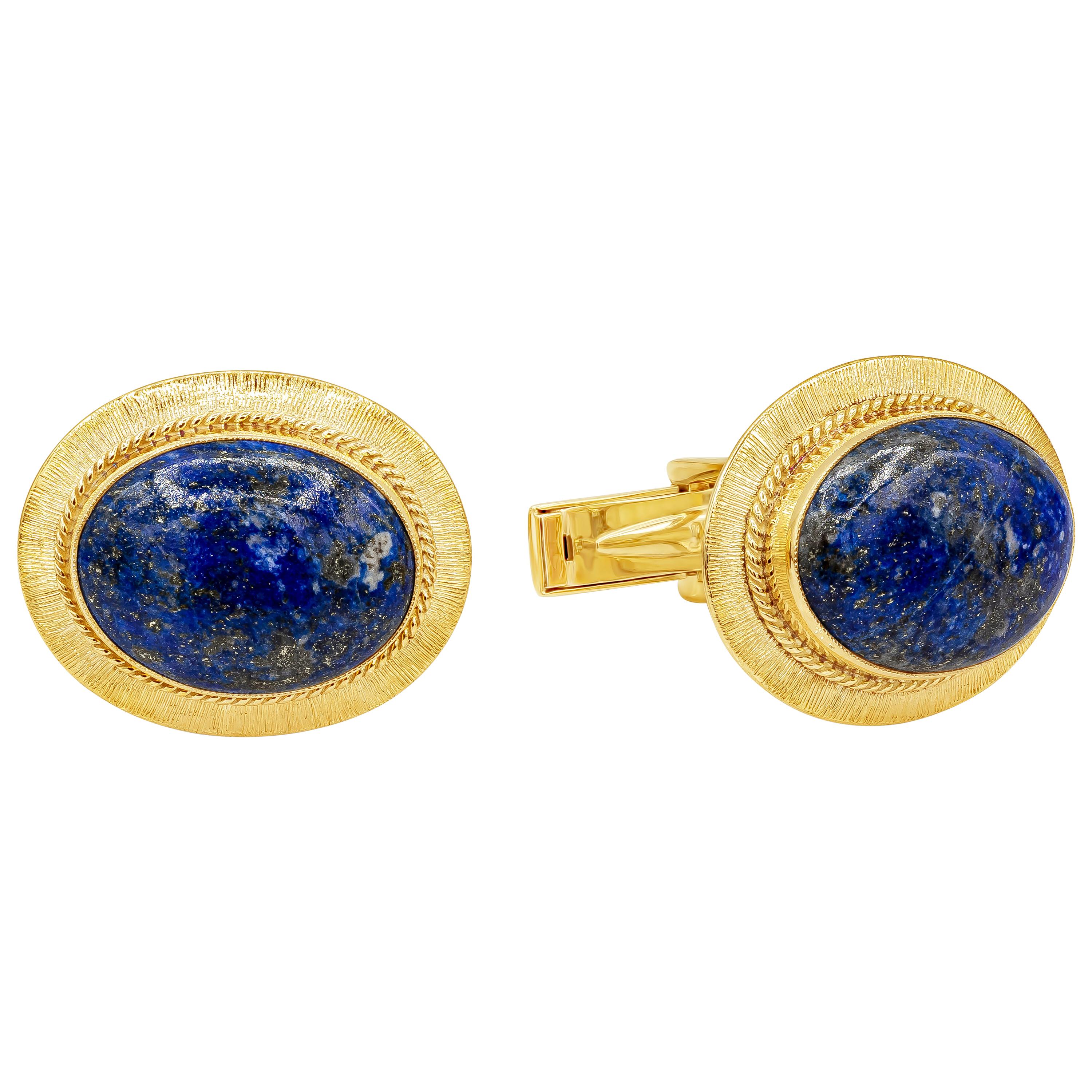 Boutons de manchette ovales en or jaune 14 carats et lapis-lazuli