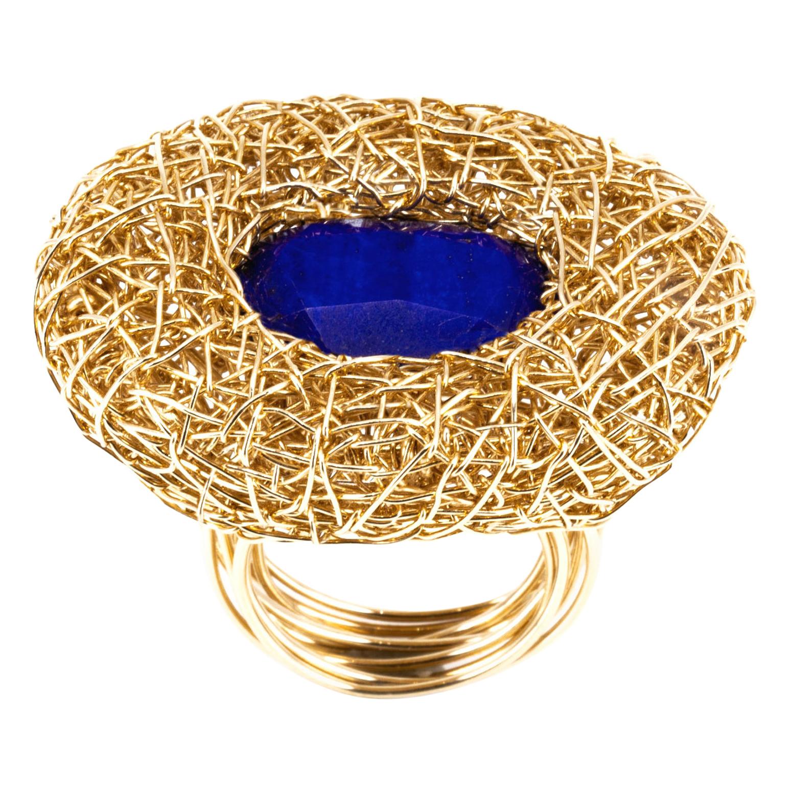 Super Blue Lapis Lazuli 14 k Gold F Woven Contemporary Cocktail Ring by Artist 1