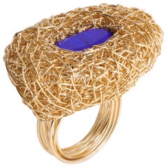 Super Blue Lapis Lazuli 14 k Gold F Woven Contemporary Cocktail Ring by Artist