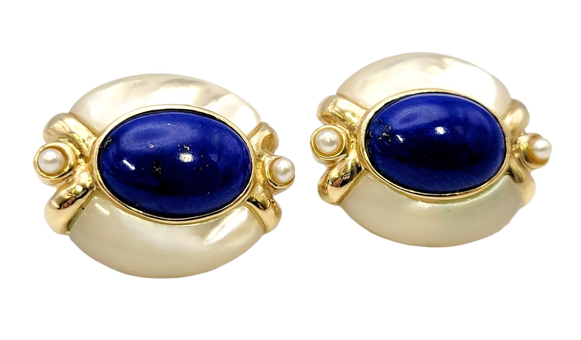 Ovale Ohrringe mit Lapislazuli, Perlmutt und Perlenketten 14 Karat Gold (Zeitgenössisch) im Angebot