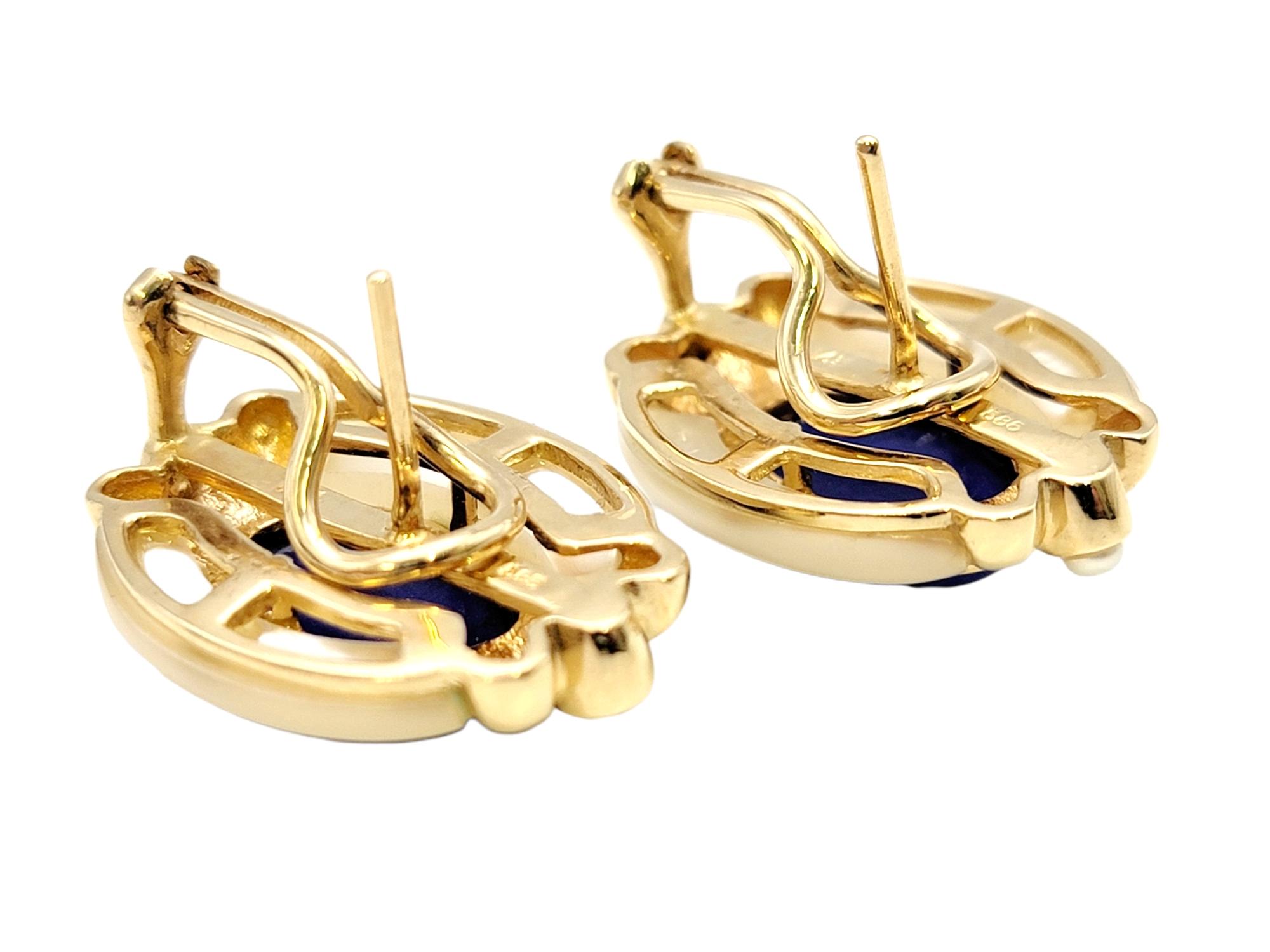 Ovale Ohrringe mit Lapislazuli, Perlmutt und Perlenketten 14 Karat Gold (Ovalschliff) im Angebot