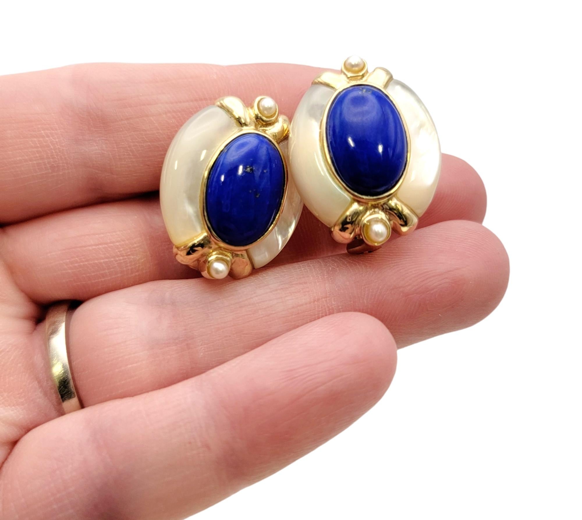 Oval Cut Oval Lapis Lazuli, Mother of Pearl and Seed Pearl Pierced Earrings 14 Karat Gold For Sale