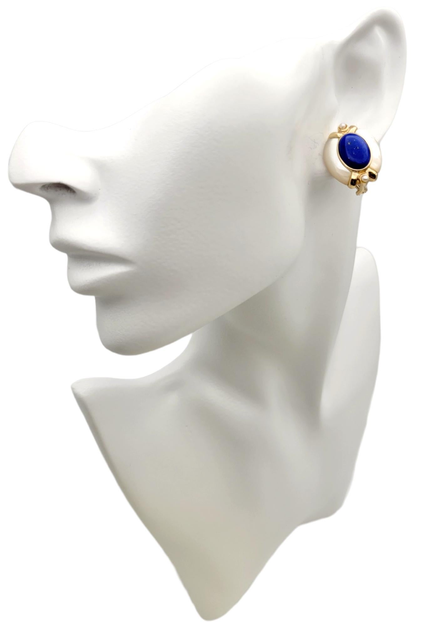 Oval Lapis Lazuli, Mother of Pearl and Seed Pearl Pierced Earrings 14 Karat Gold In Good Condition For Sale In Scottsdale, AZ