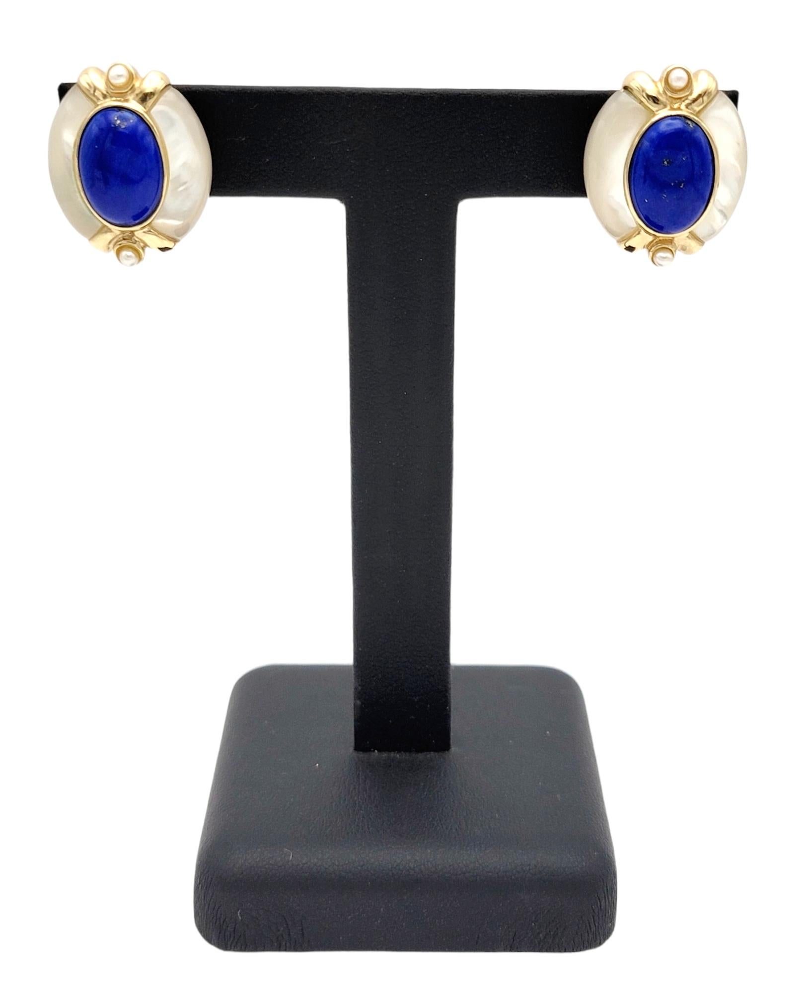Women's Oval Lapis Lazuli, Mother of Pearl and Seed Pearl Pierced Earrings 14 Karat Gold For Sale