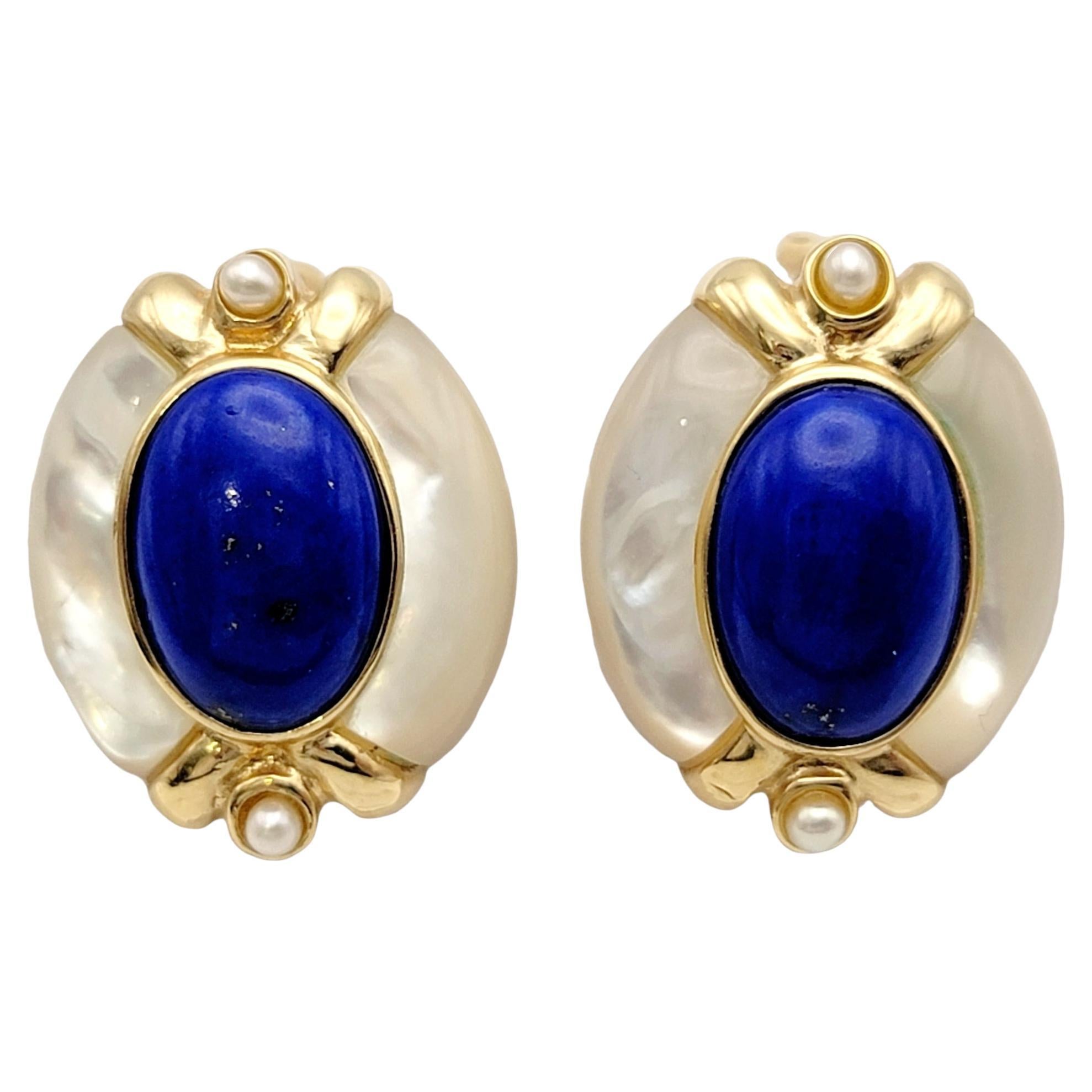 Oval Lapis Lazuli, Mother of Pearl and Seed Pearl Pierced Earrings 14 Karat Gold For Sale