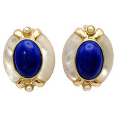 Vintage Oval Lapis Lazuli, Mother of Pearl and Seed Pearl Pierced Earrings 14 Karat Gold