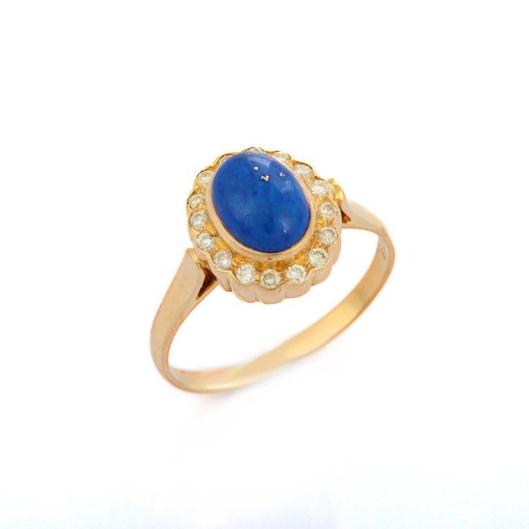For Sale:  Oval Lapis Lazuli with Halo Diamond Wedding Ring in 18k Solid Yellow Gold 10