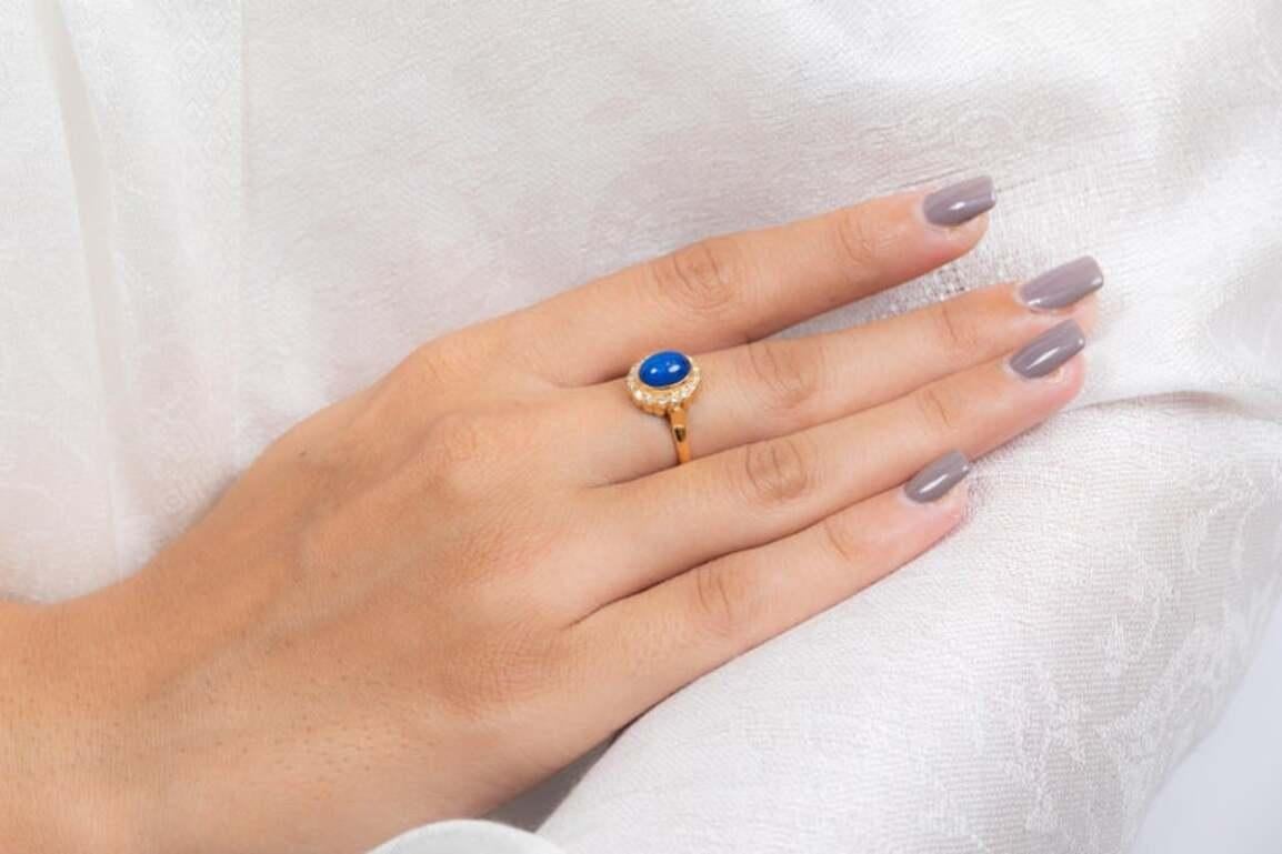 For Sale:  Oval Lapis Lazuli with Halo Diamond Wedding Ring in 18k Solid Yellow Gold 11