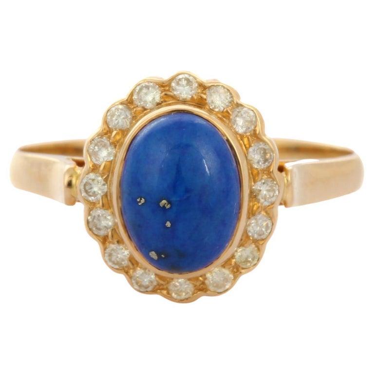 For Sale:  Oval Lapis Lazuli with Halo Diamond Wedding Ring in 18k Solid Yellow Gold 12