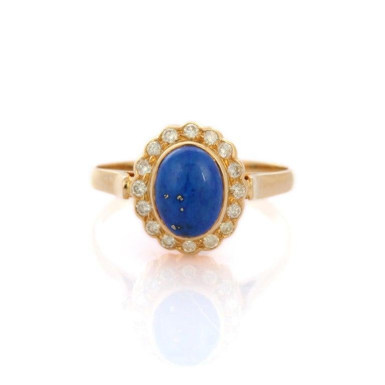 For Sale:  Oval Lapis Lazuli with Halo Diamond Wedding Ring in 18k Solid Yellow Gold 13
