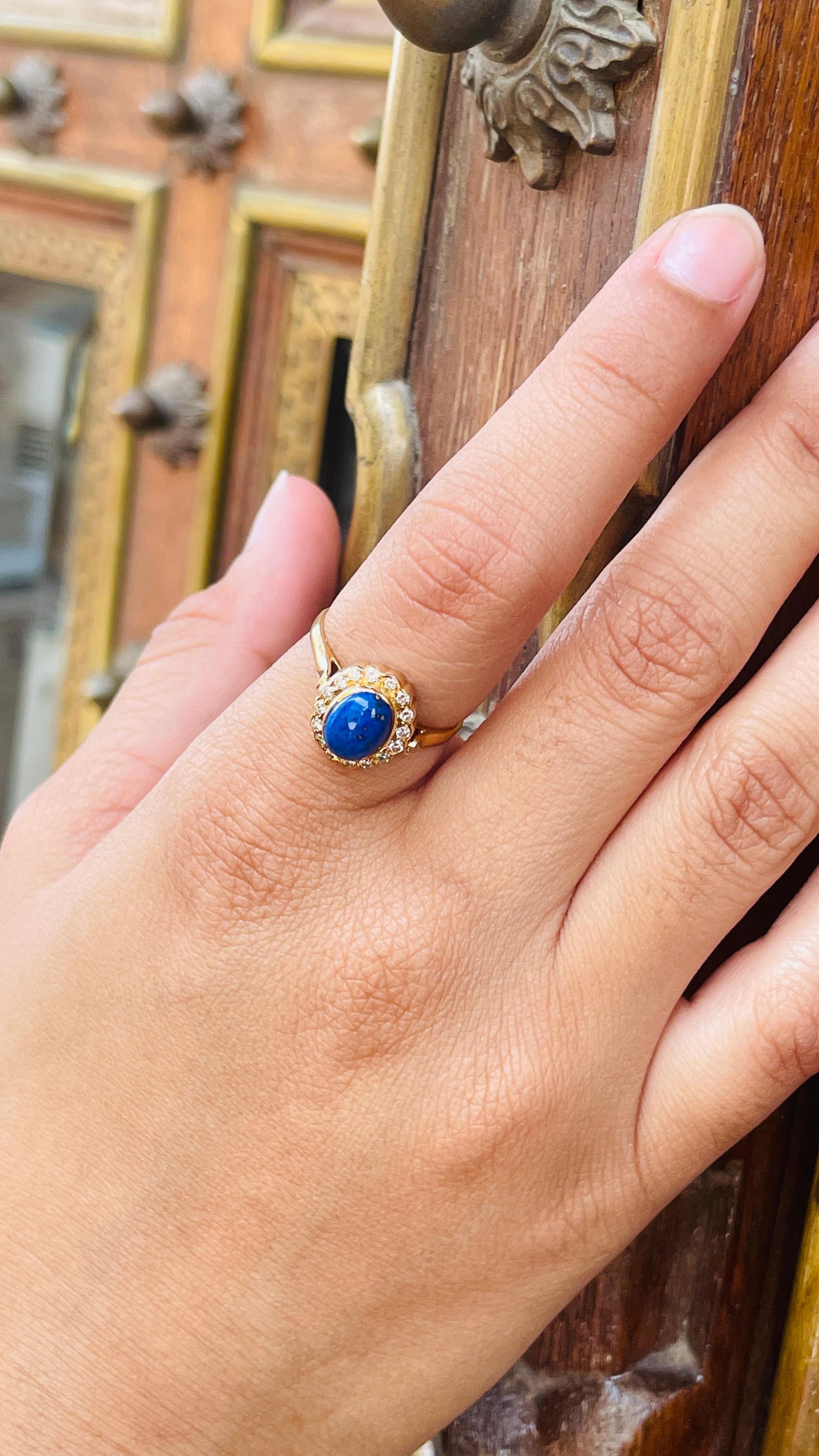 For Sale:  Oval Lapis Lazuli with Halo Diamond Wedding Ring in 18k Solid Yellow Gold 14