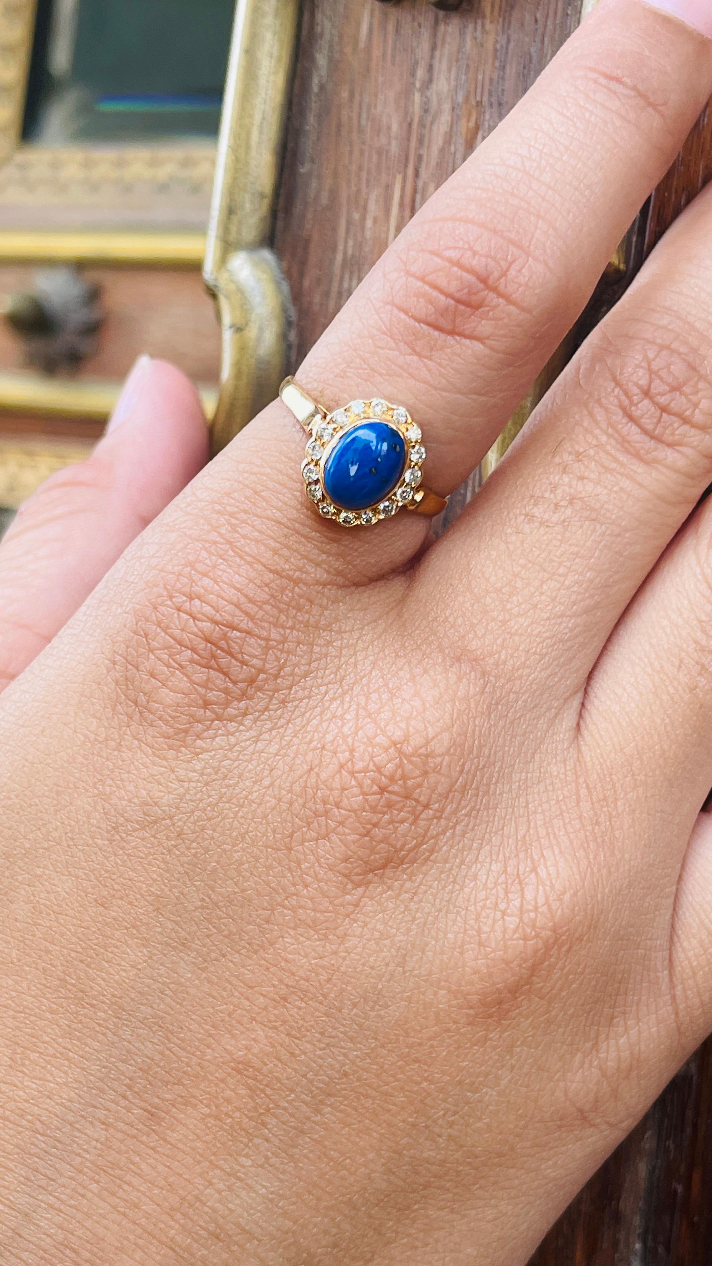 For Sale:  Oval Lapis Lazuli with Halo Diamond Wedding Ring in 18k Solid Yellow Gold 15