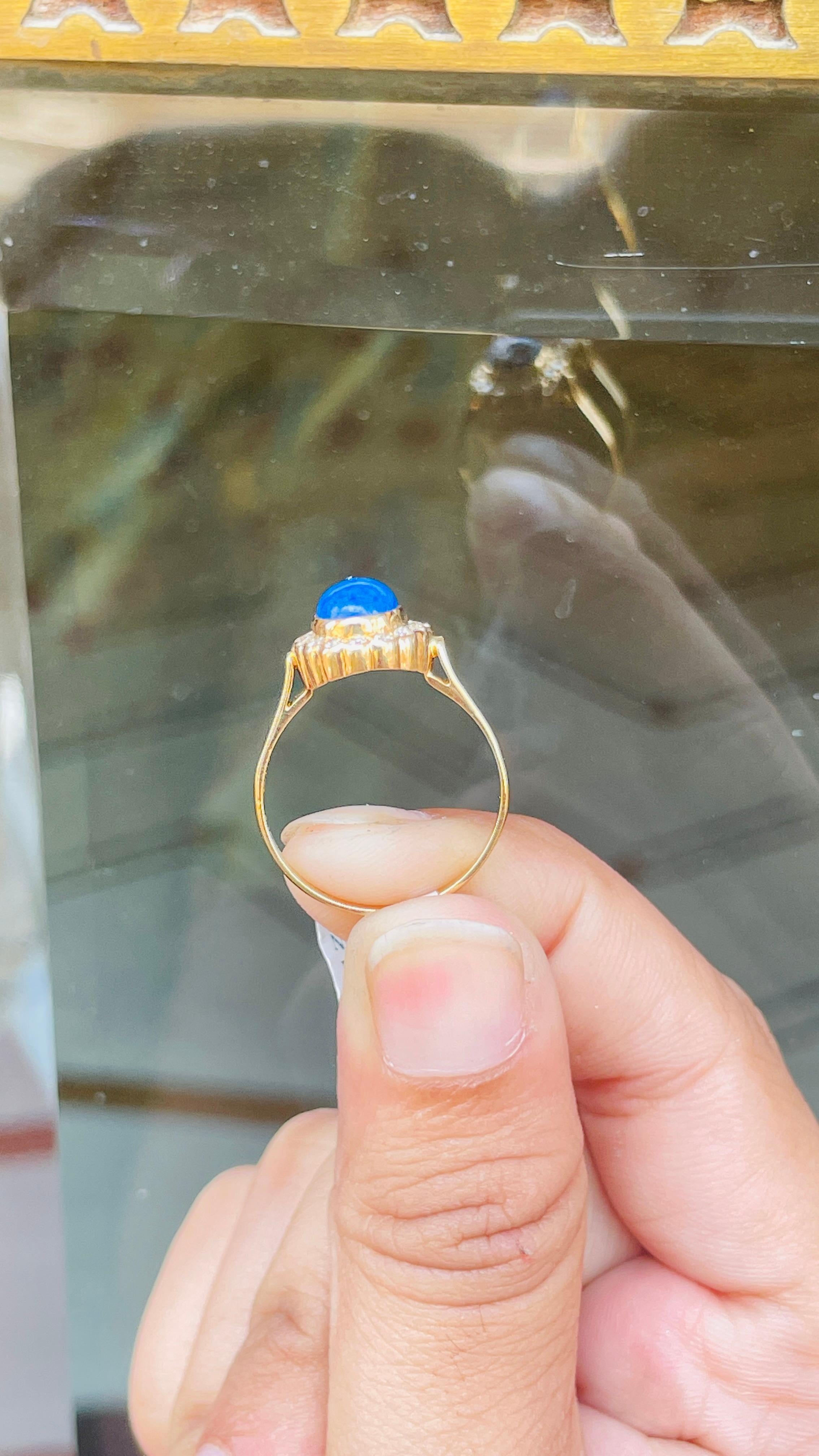 For Sale:  Oval Lapis Lazuli with Halo Diamond Wedding Ring in 18k Solid Yellow Gold 16