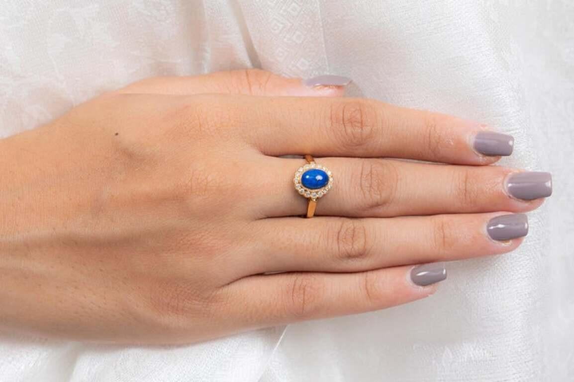 For Sale:  Oval Lapis Lazuli with Halo Diamond Wedding Ring in 18k Solid Yellow Gold 2