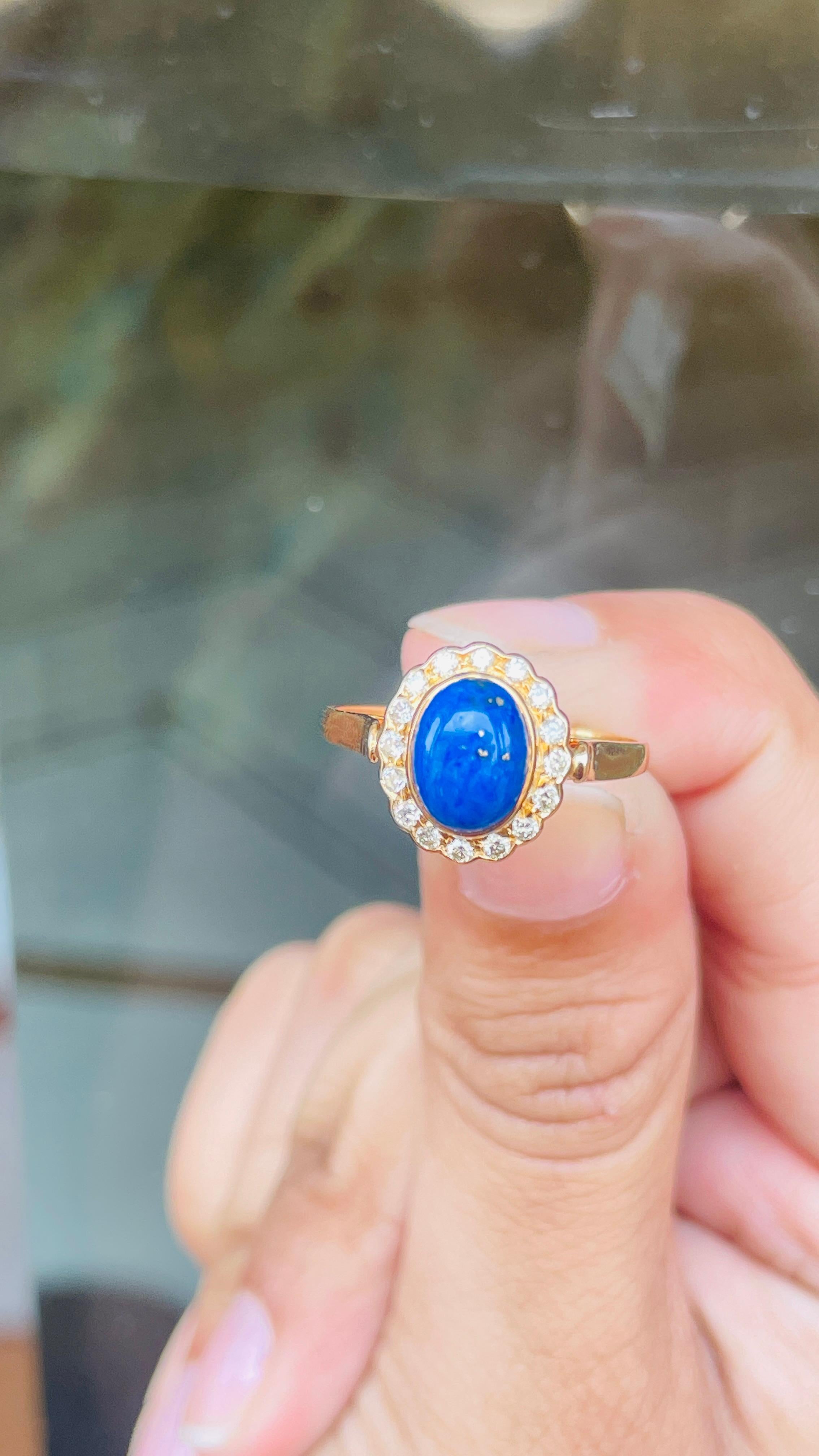 For Sale:  Oval Lapis Lazuli with Halo Diamond Wedding Ring in 18k Solid Yellow Gold 3