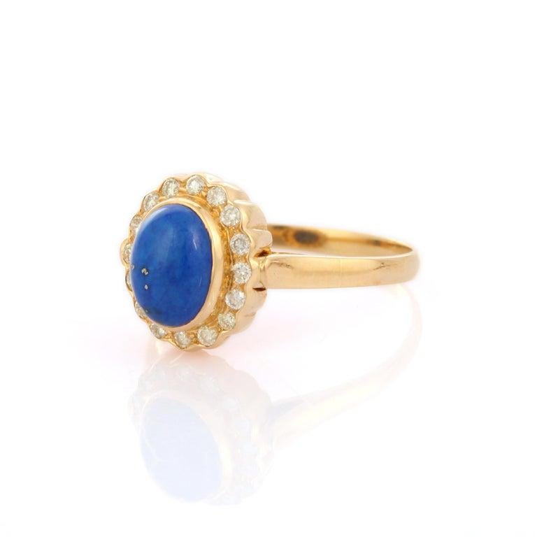 For Sale:  Oval Lapis Lazuli with Halo Diamond Wedding Ring in 18k Solid Yellow Gold 4