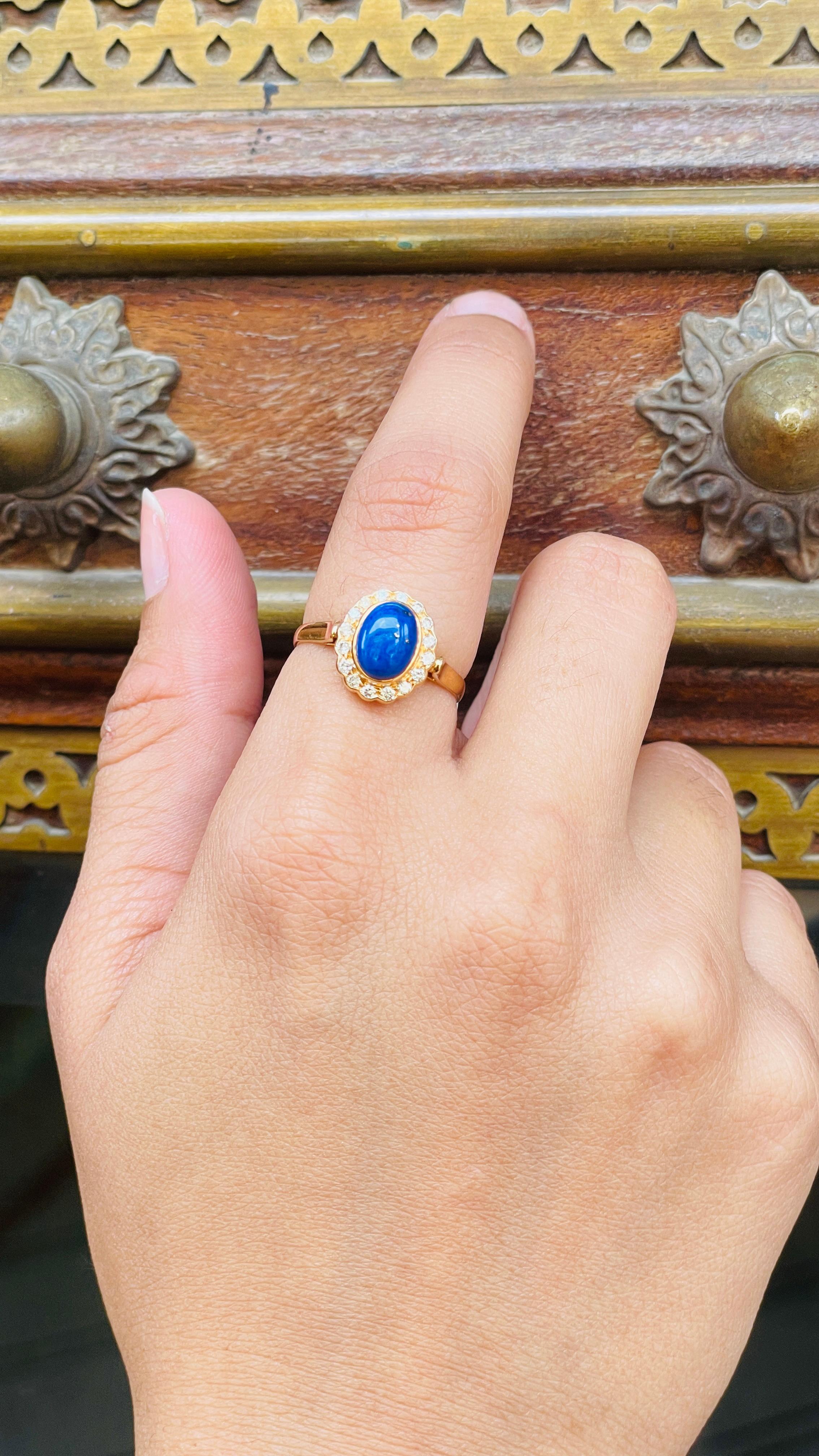 For Sale:  Oval Lapis Lazuli with Halo Diamond Wedding Ring in 18k Solid Yellow Gold 5