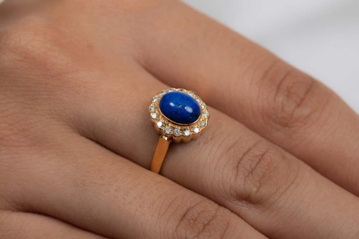 For Sale:  Oval Lapis Lazuli with Halo Diamond Wedding Ring in 18k Solid Yellow Gold 6