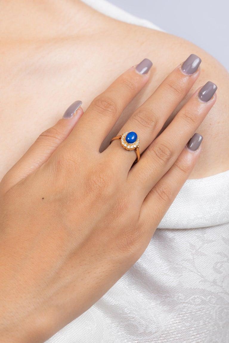 For Sale:  Oval Lapis Lazuli with Halo Diamond Wedding Ring in 18k Solid Yellow Gold 8