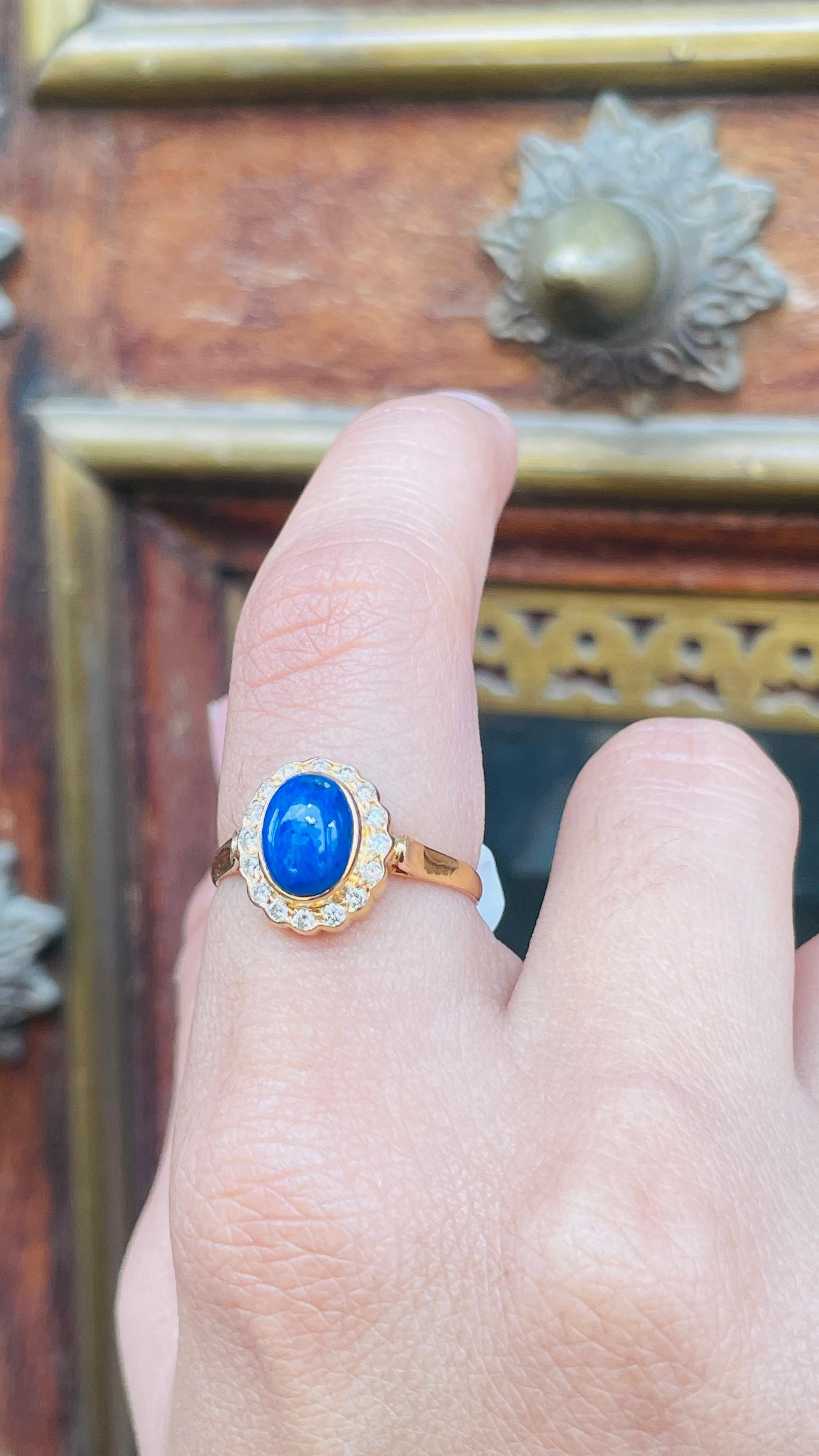 For Sale:  Oval Lapis Lazuli with Halo Diamond Wedding Ring in 18k Solid Yellow Gold 9