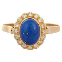 Anneau de mariage ovale en lapis-lazuli avec halo de diamants en or jaune massif 18k