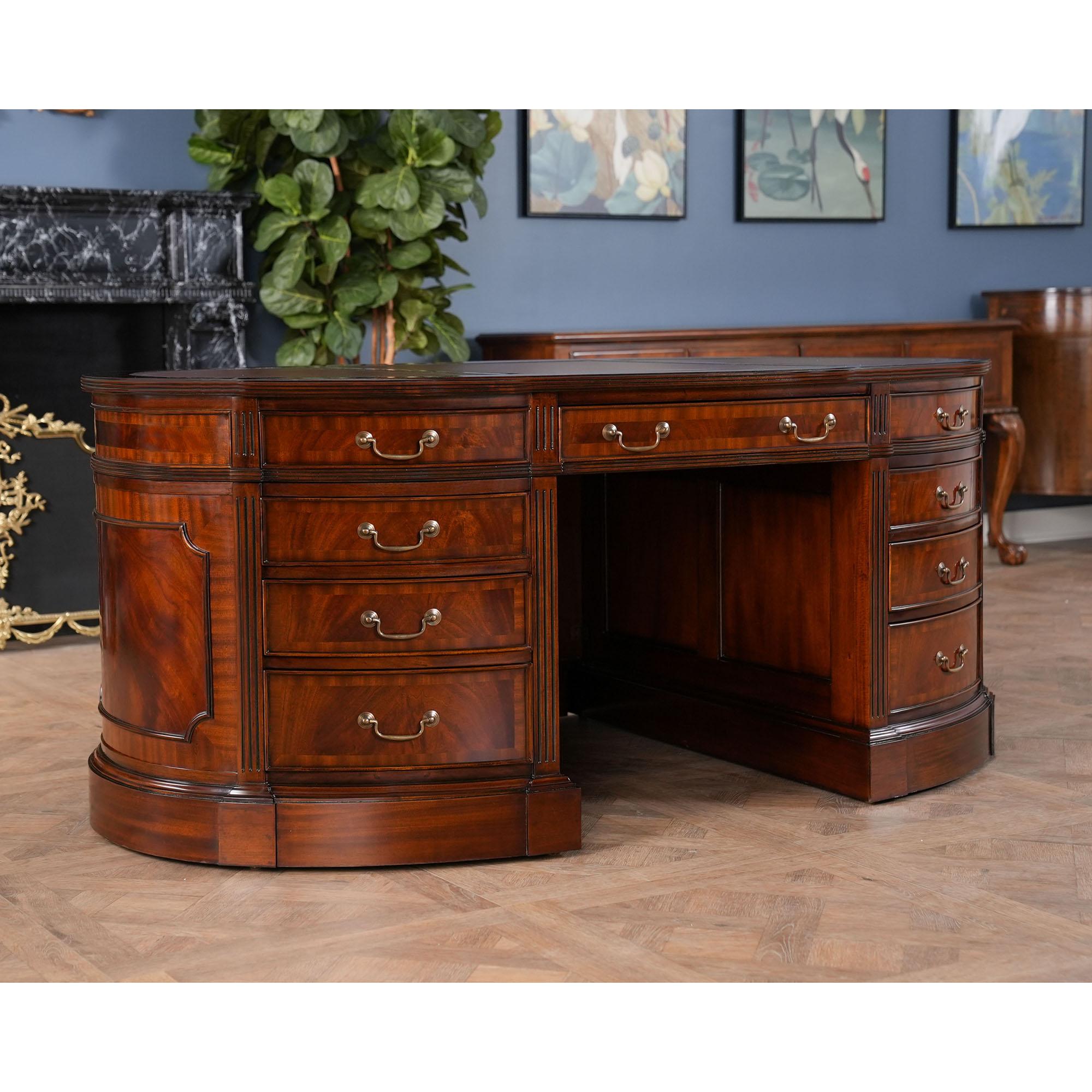 Hand-Carved Oval Leather Top Desk with Privacy Panel For Sale