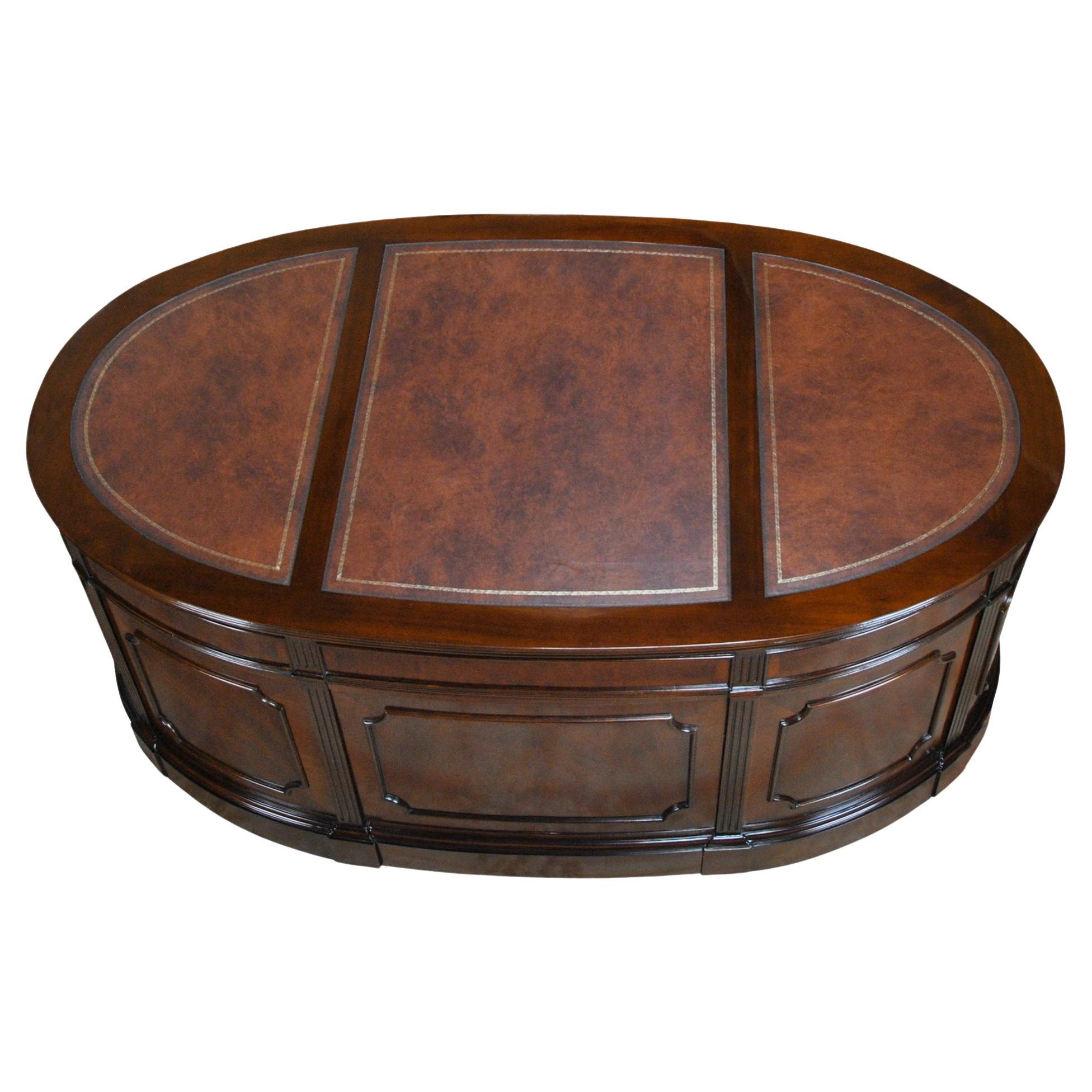 Oval Leather Top Desk with Privacy Panel For Sale
