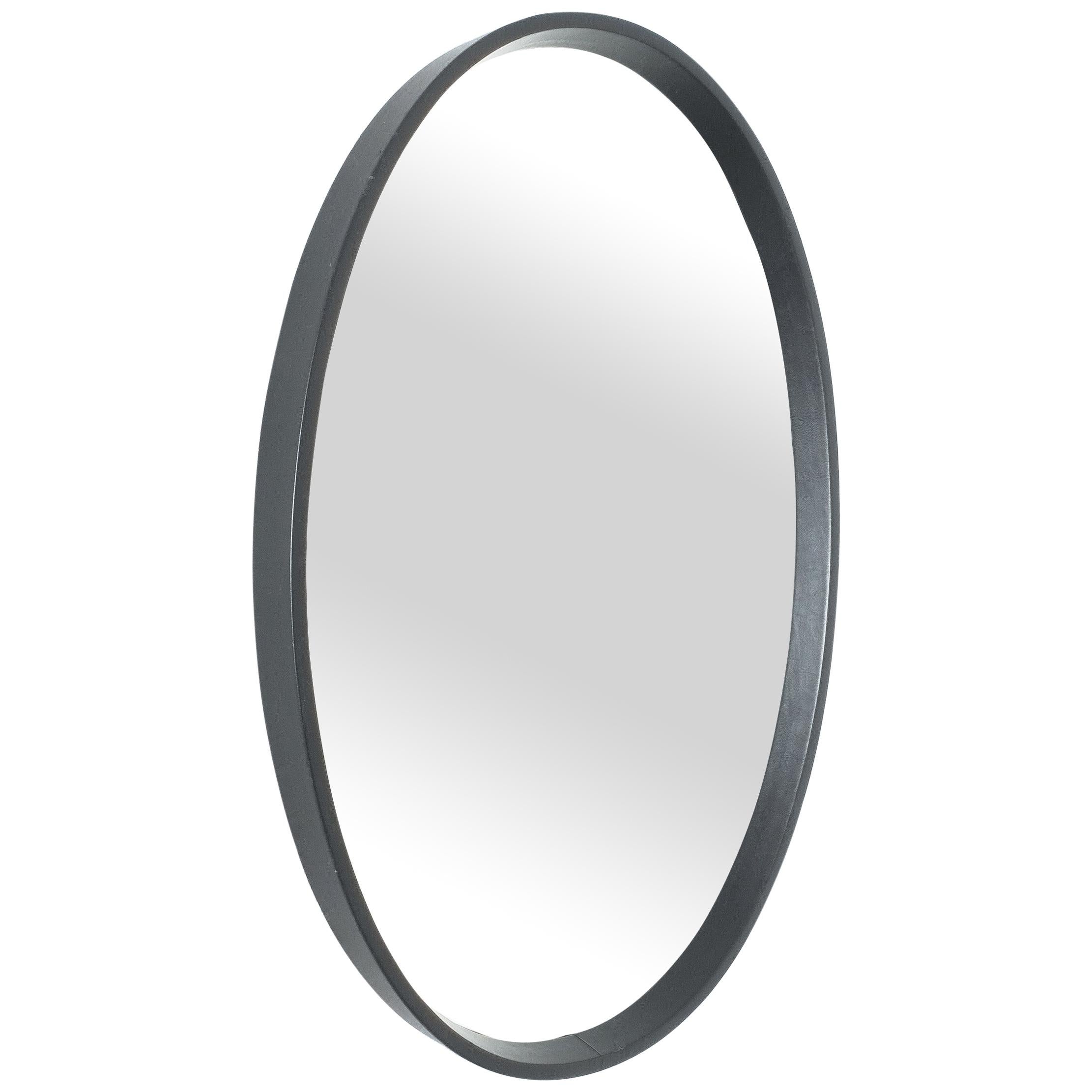 Oval Leather Wrapped Mirror in the Style of Pace For Sale