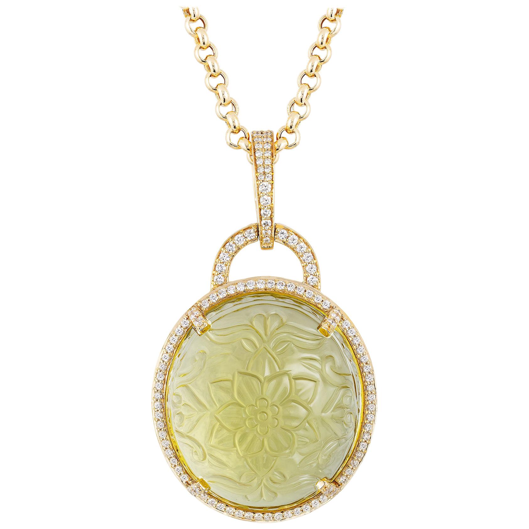 Goshwara Carved Oval Lemon Quartz And Diamond Pendant For Sale at 1stDibs