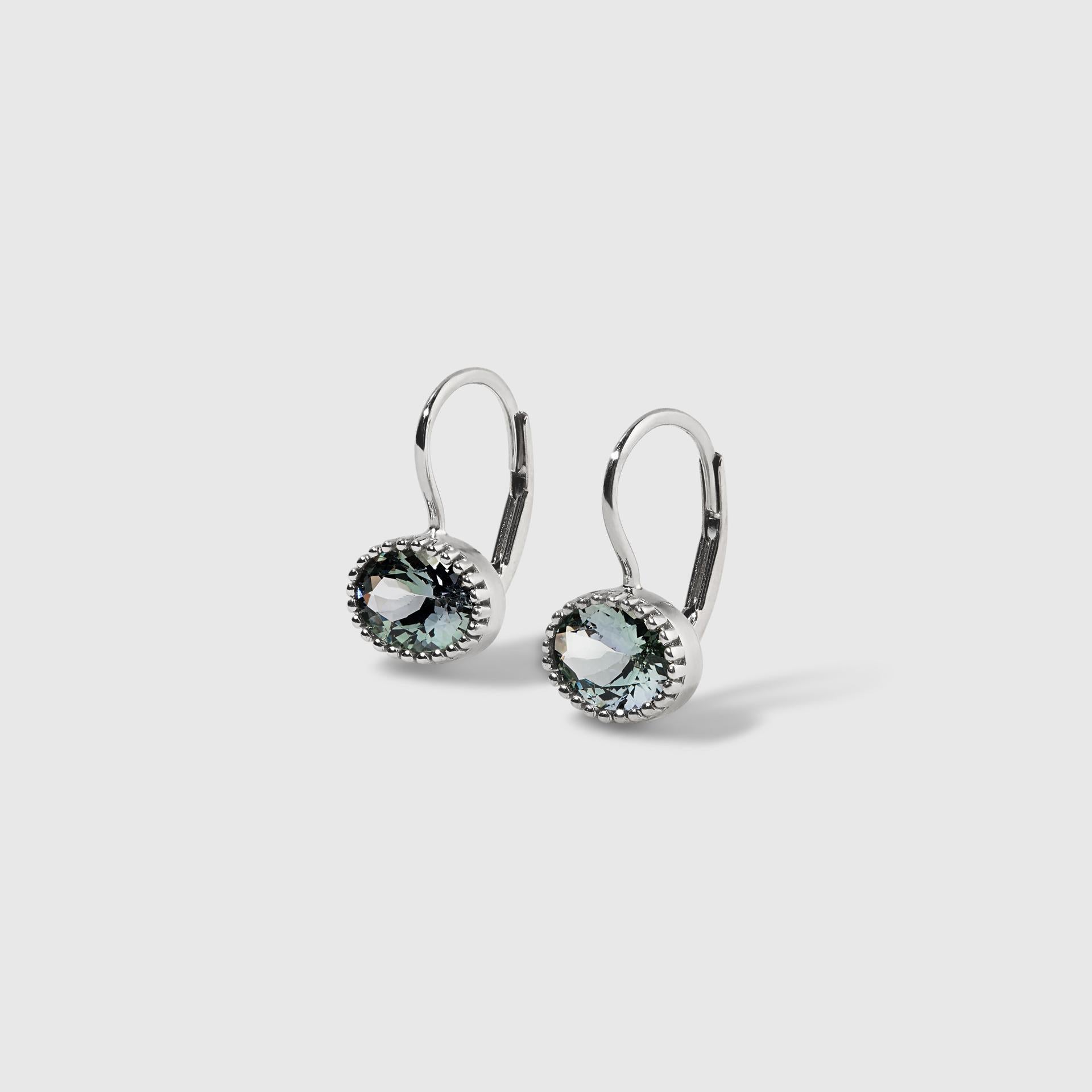 Contemporary Oval Light Blue-Grey Zoisite Earrings, 14kt White Gold by Ashley Childs For Sale