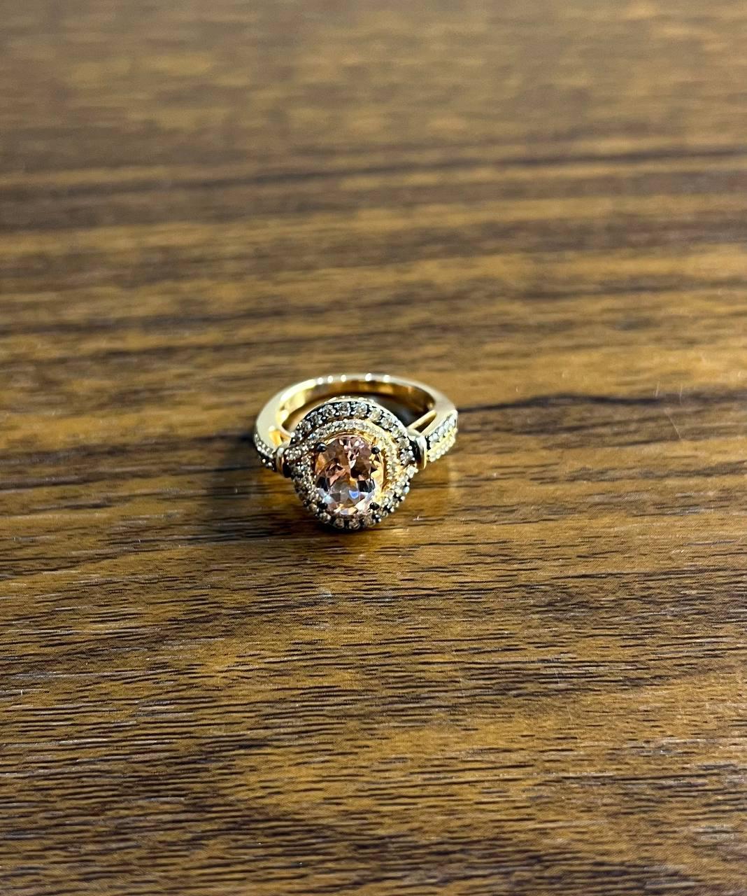 Oval Light Pink Peach Morganite Halo White Champagne Cognac Diamonds Gold Ring For Sale 7