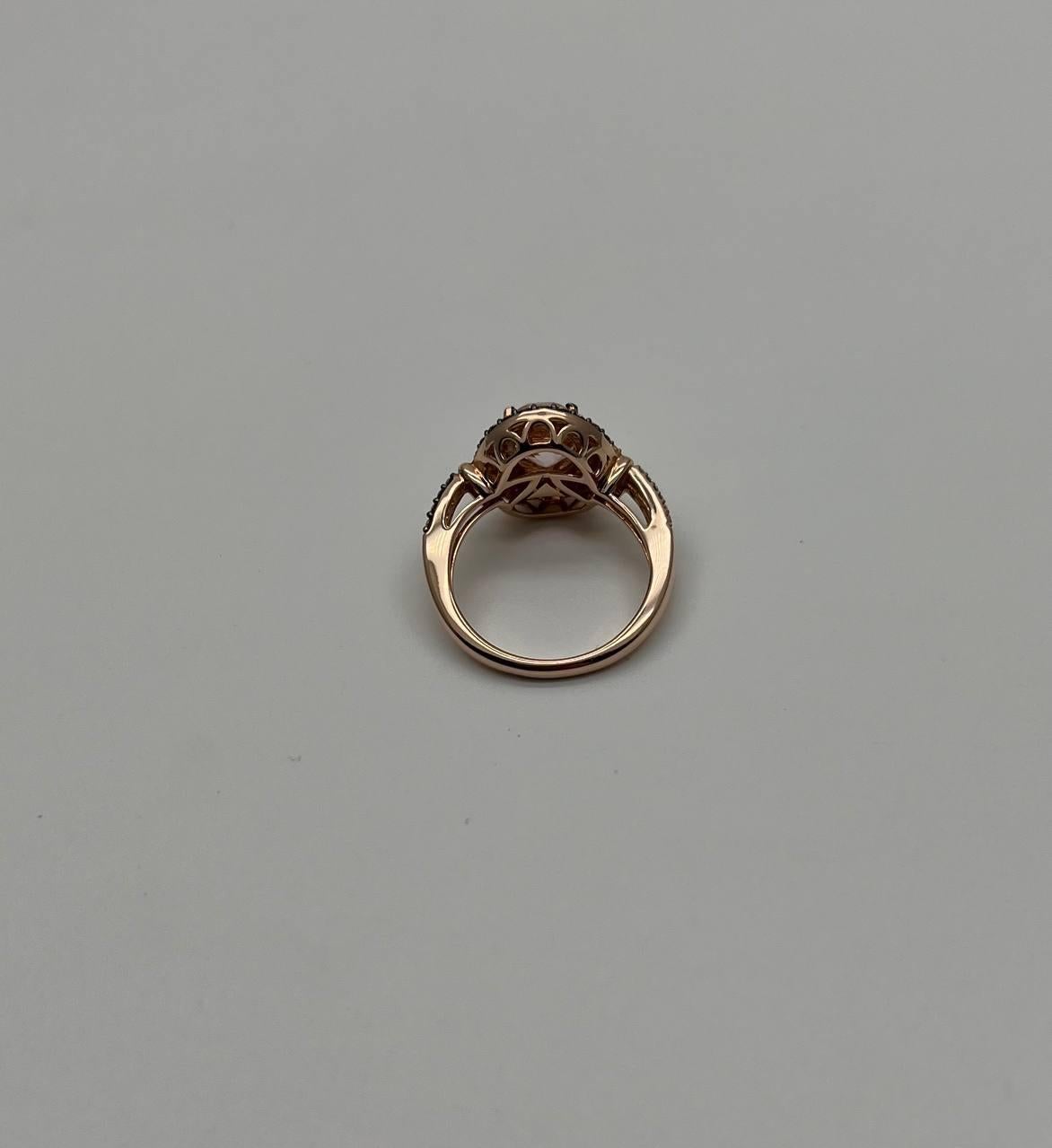 Mixed Cut Oval Light Pink Peach Morganite Halo White Champagne Cognac Diamonds Gold Ring For Sale