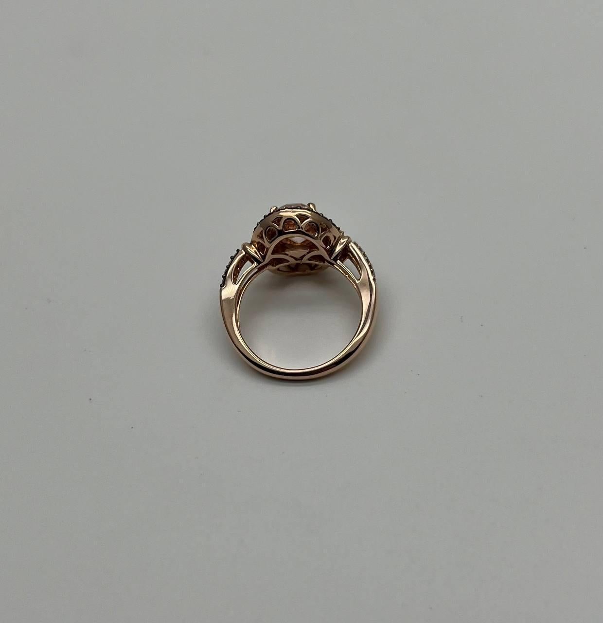 Oval Light Pink Peach Morganite Halo White Champagne Cognac Diamonds Gold Ring In New Condition For Sale In Oakton, VA