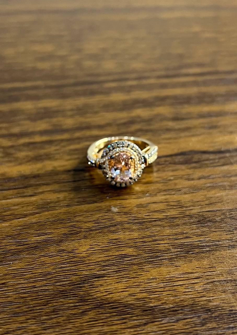 Women's Oval Light Pink Peach Morganite Halo White Champagne Cognac Diamonds Gold Ring For Sale