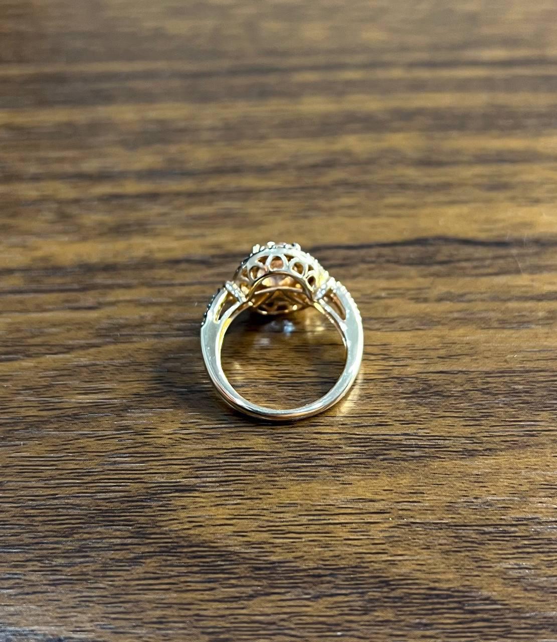 Oval Light Pink Peach Morganite Halo White Champagne Cognac Diamonds Gold Ring For Sale 2