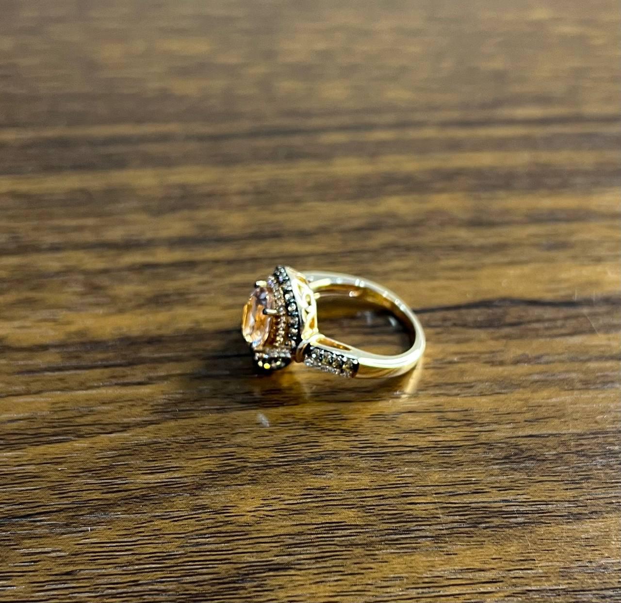 Oval Light Pink Peach Morganite Halo White Champagne Cognac Diamonds Gold Ring For Sale 3