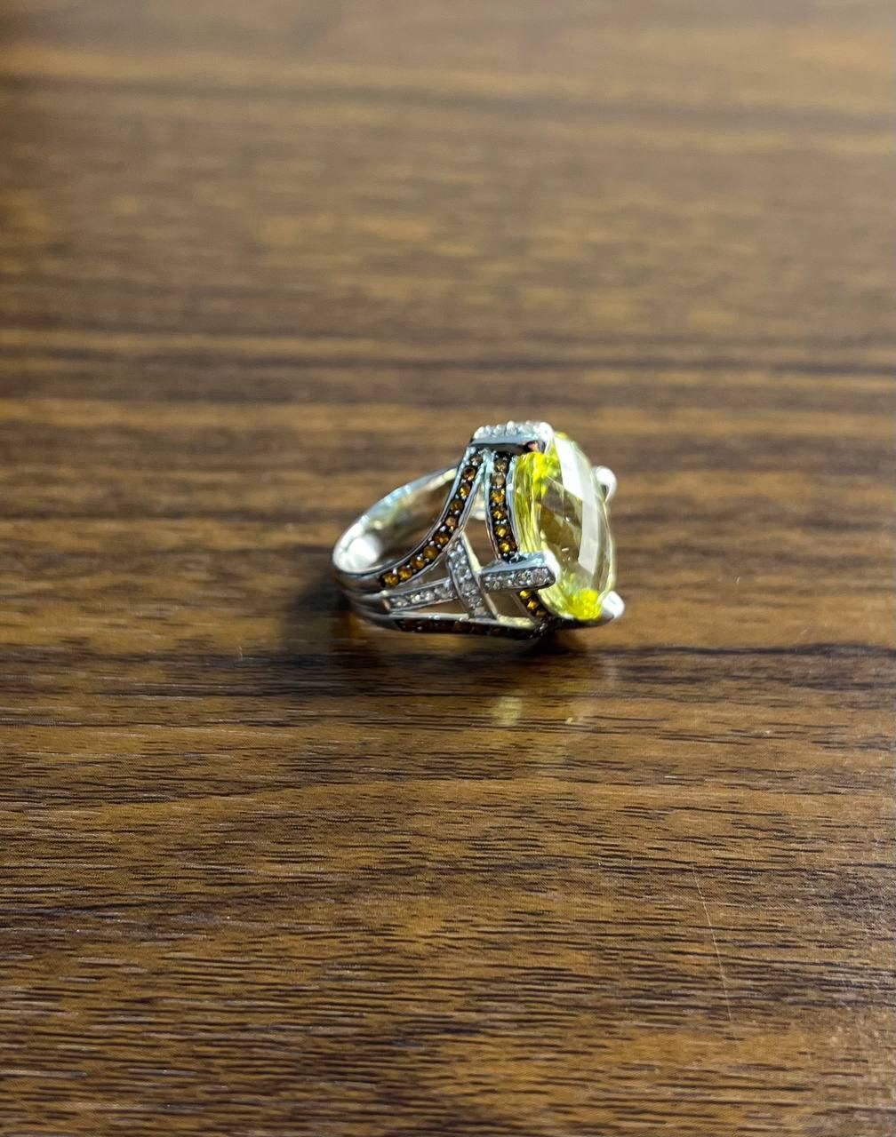 Oval Light Yellow Lemon Quartz Sapphire Prong Halo Diamonds 18K White Gold Ring For Sale 5