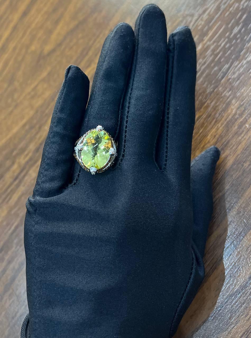Oval Light Yellow Lemon Quartz Sapphire Prong Halo Diamonds 18K White Gold Ring For Sale 6